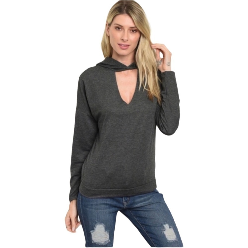 Hooded Cut Out Drop Shoulder Soft Stretchy Sweatshirt Thin Knit Gray Small